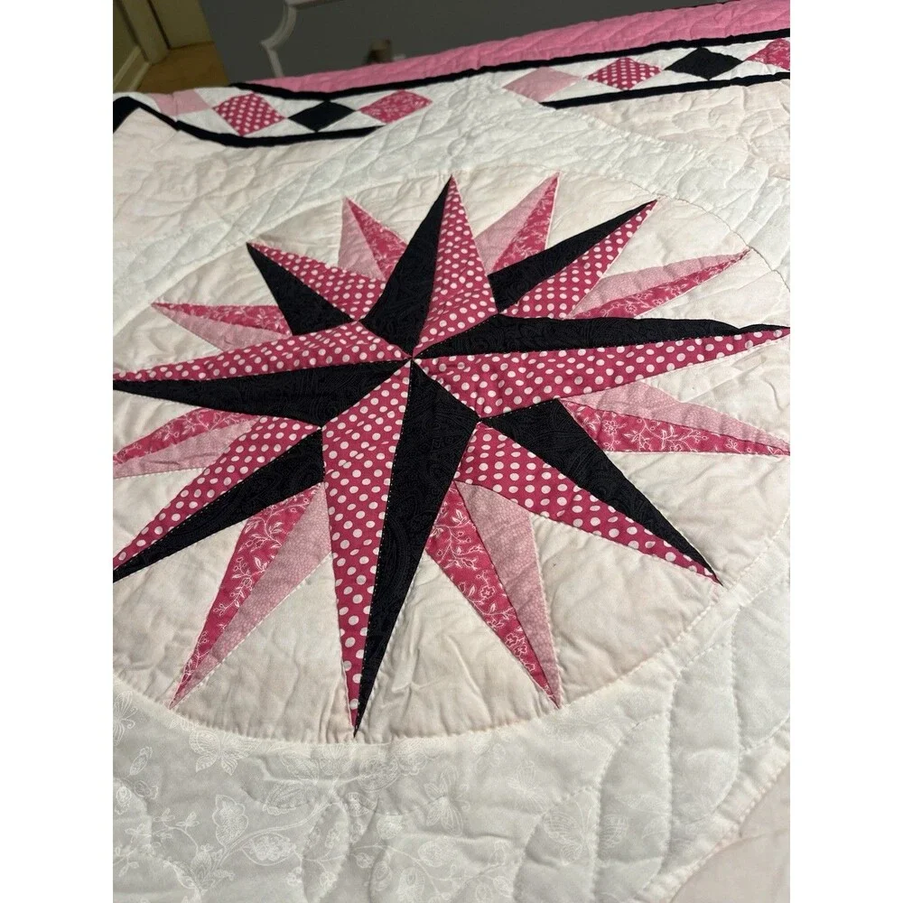 Hand Sewn Mariner’s Compass Black Pink White 45x45” Wall Hanging Lap Blanket